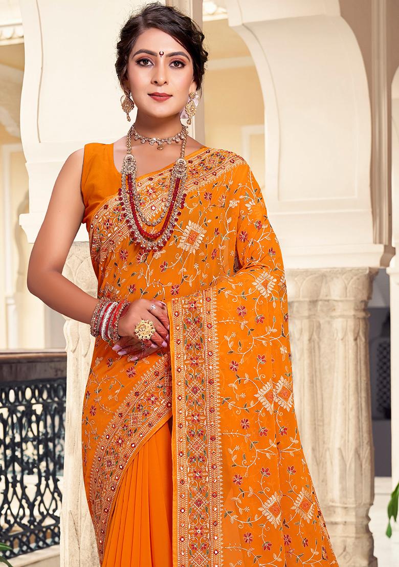 Mustard Embroidery Georgette Saree Set - Indya