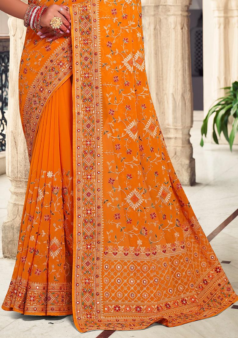 Mustard Embroidery Georgette Saree Set - Indya