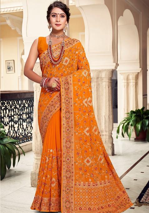 Mustard Embroidery Georgette Saree Set