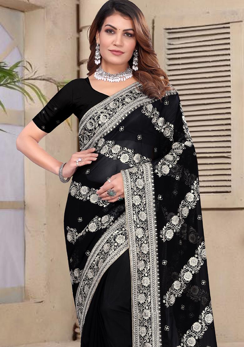 Black Embroidery Georgette Saree Set - Indya