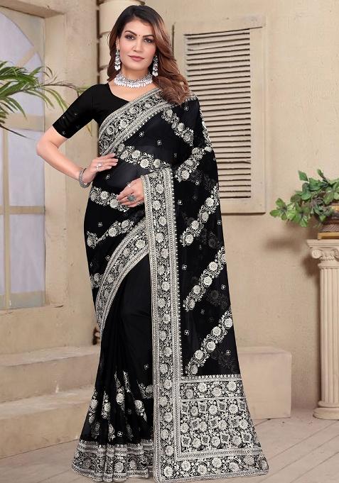 Black Embroidery Georgette Saree Set