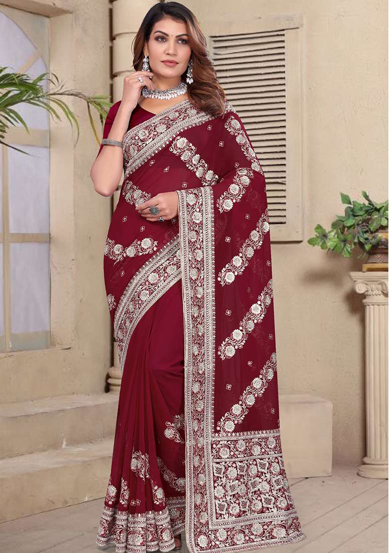 Maroon Embroidery Georgette Saree Set - Indya