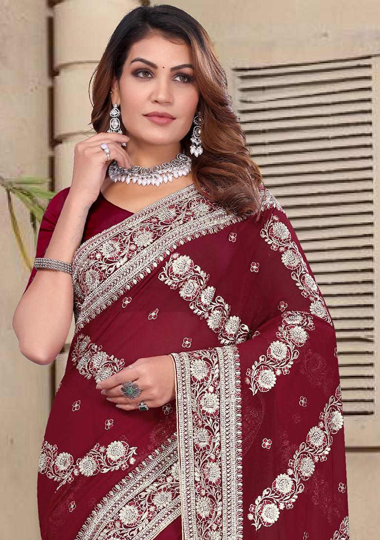 Maroon Embroidery Georgette Saree Set - Indya