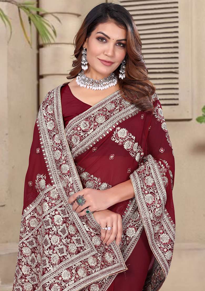 Maroon Embroidery Georgette Saree Set - Indya