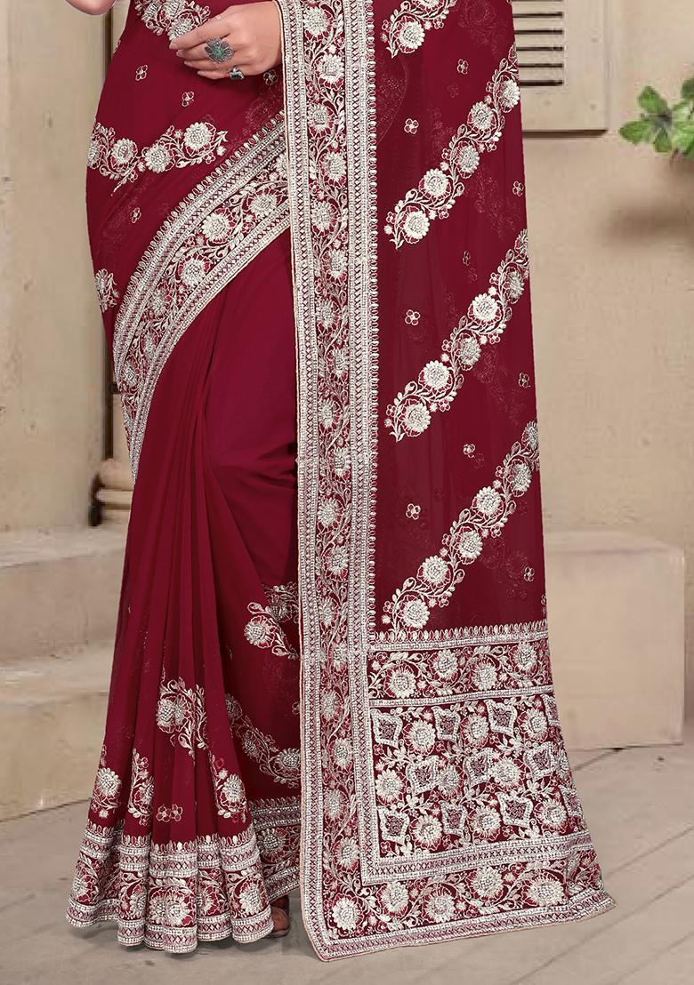 Maroon Embroidery Georgette Saree Set - Indya