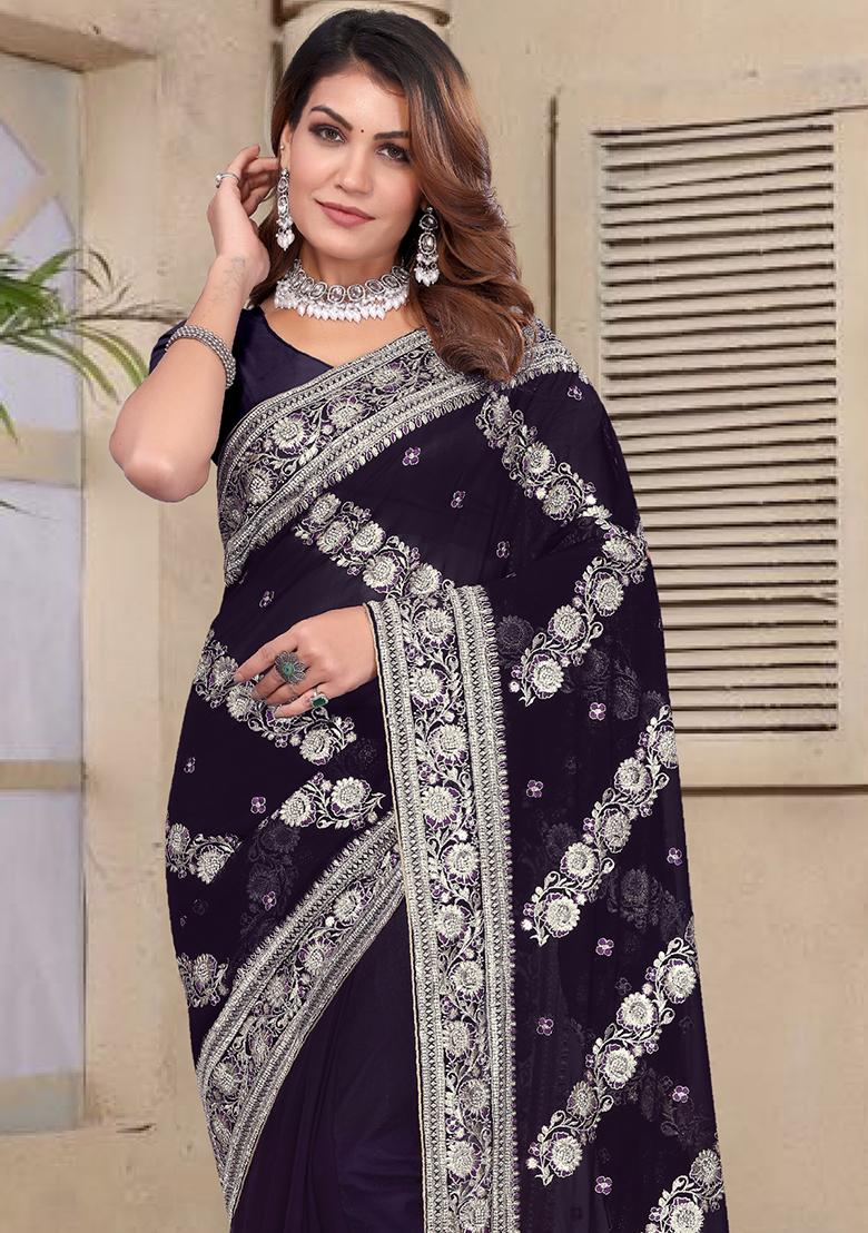 Purple Embroidery Georgette Saree Set - Indya