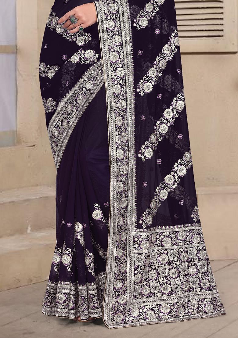 Purple Embroidery Georgette Saree Set - Indya
