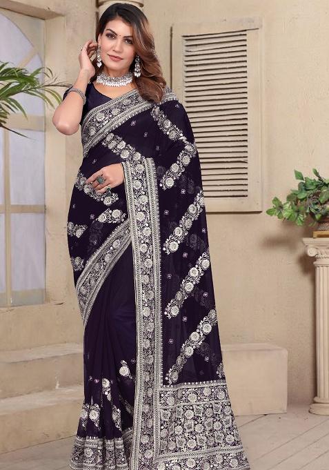 Purple Embroidery Georgette Saree Set
