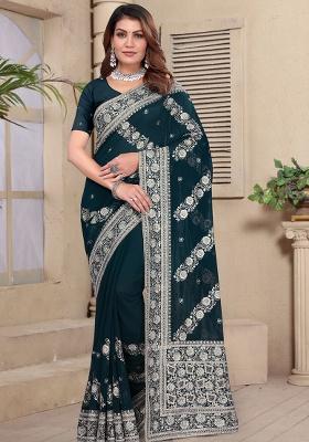 Teal Blue Embroidery Georgette Saree Set