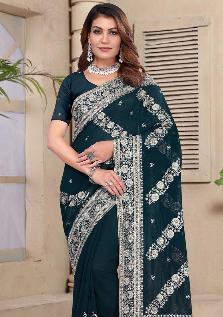 Teal Blue Embroidery Georgette Saree Set - Indya