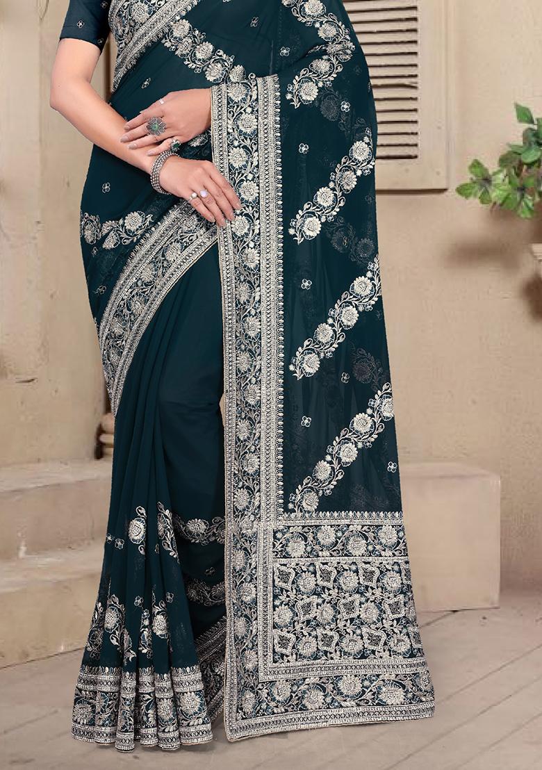Teal Blue Embroidery Georgette Saree Set - Indya