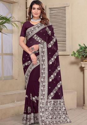 Wine Embroidery Georgette Saree Set