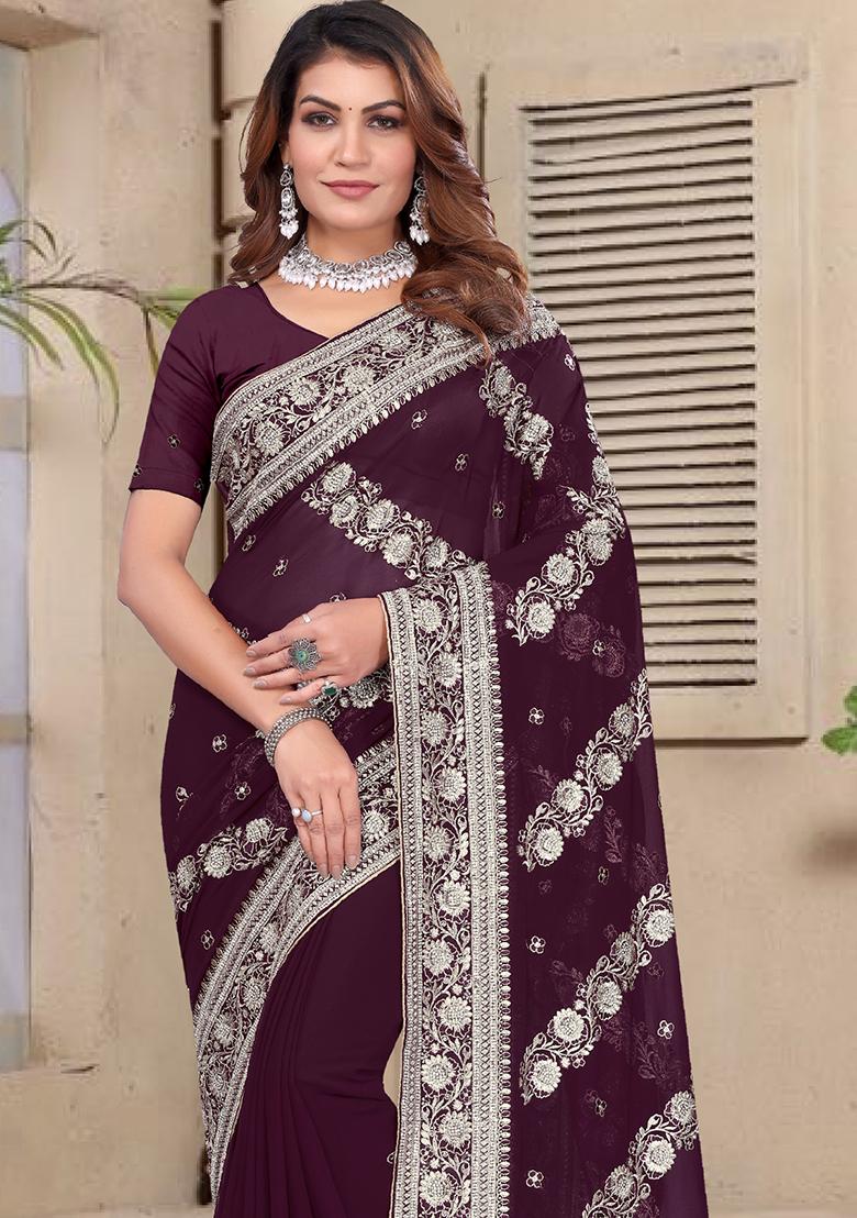 Wine Embroidery Georgette Saree Set - Indya