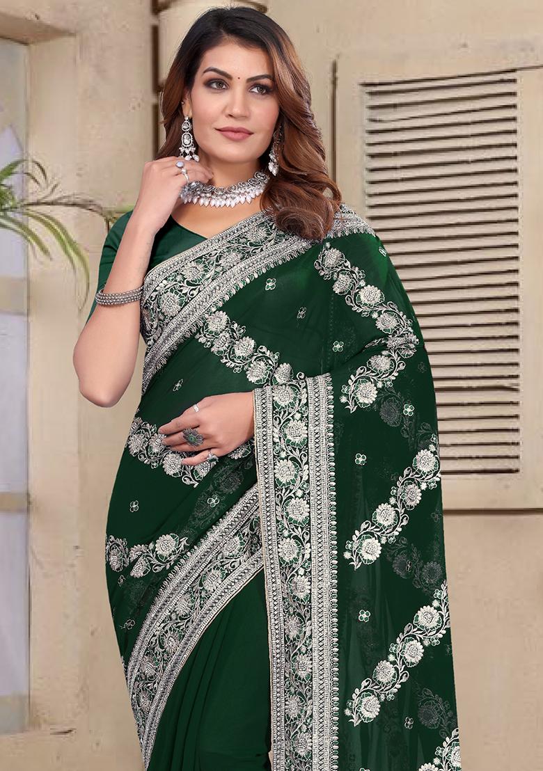 Bottle Green Embroidery Georgette Saree Set - Indya