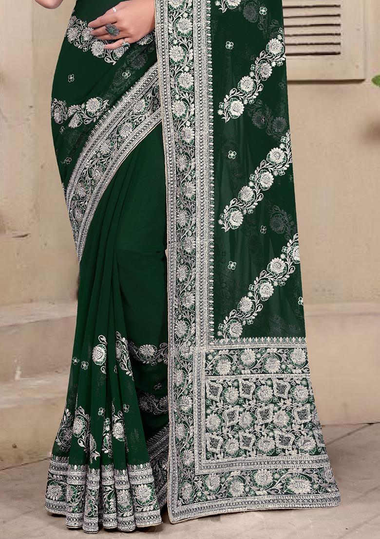 Bottle Green Embroidery Georgette Saree Set - Indya