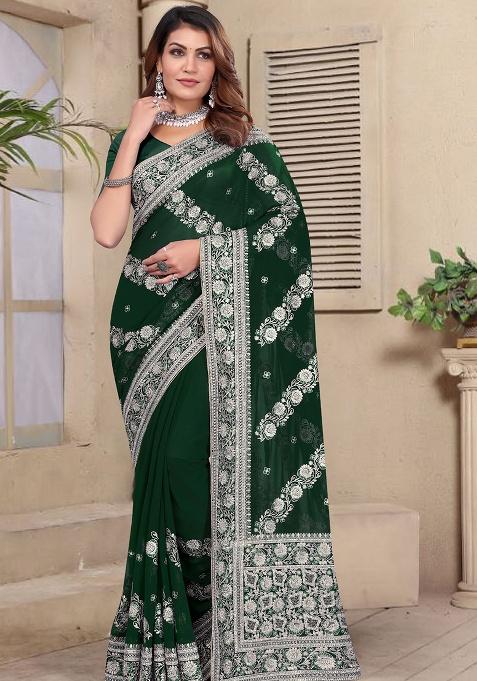 Bottle Green Embroidery Georgette Saree Set