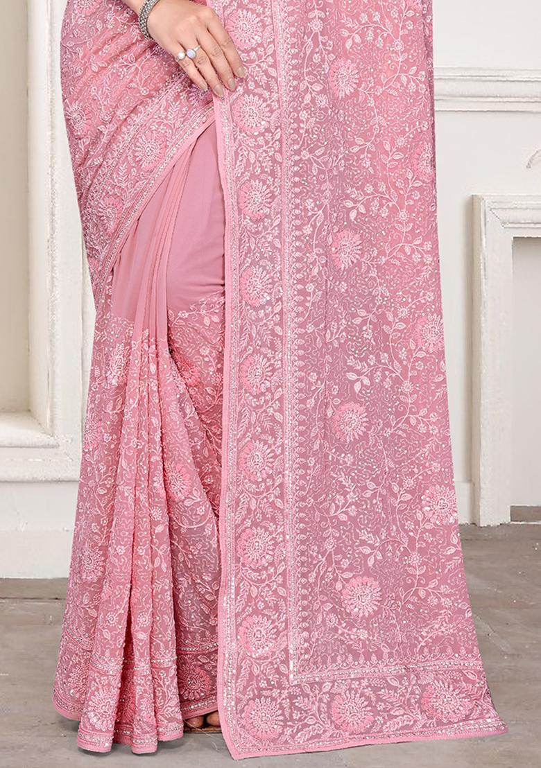 Pink Embroidery Georgette Saree Set - Indya