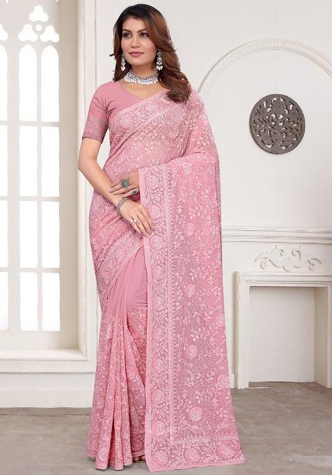 Pink Embroidery Georgette Saree Set