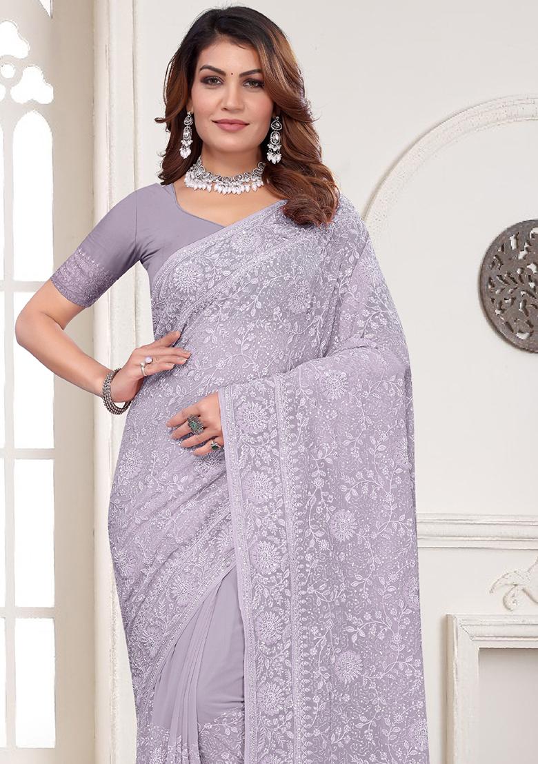 Lavender Embroidery Georgette Saree Set - Indya
