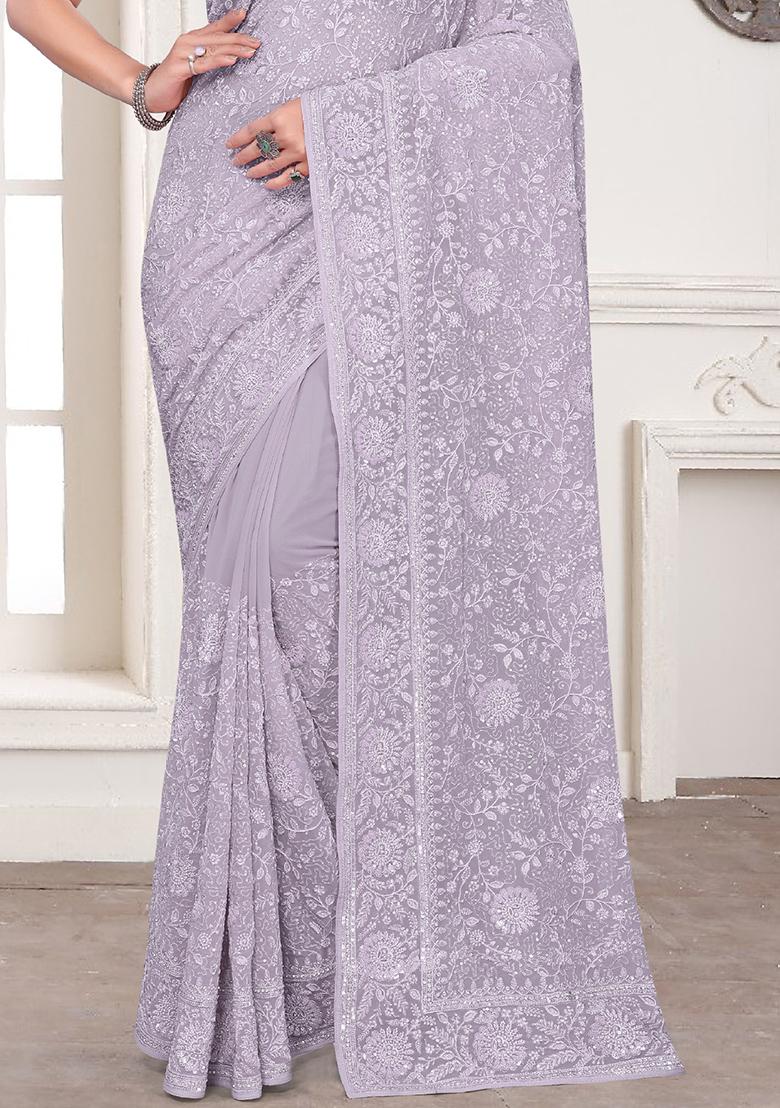 Lavender Embroidery Georgette Saree Set - Indya