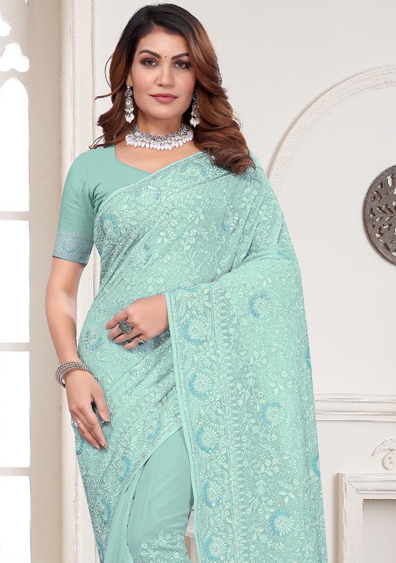 Sky Blue Embroidery Georgette Saree Set - Indya