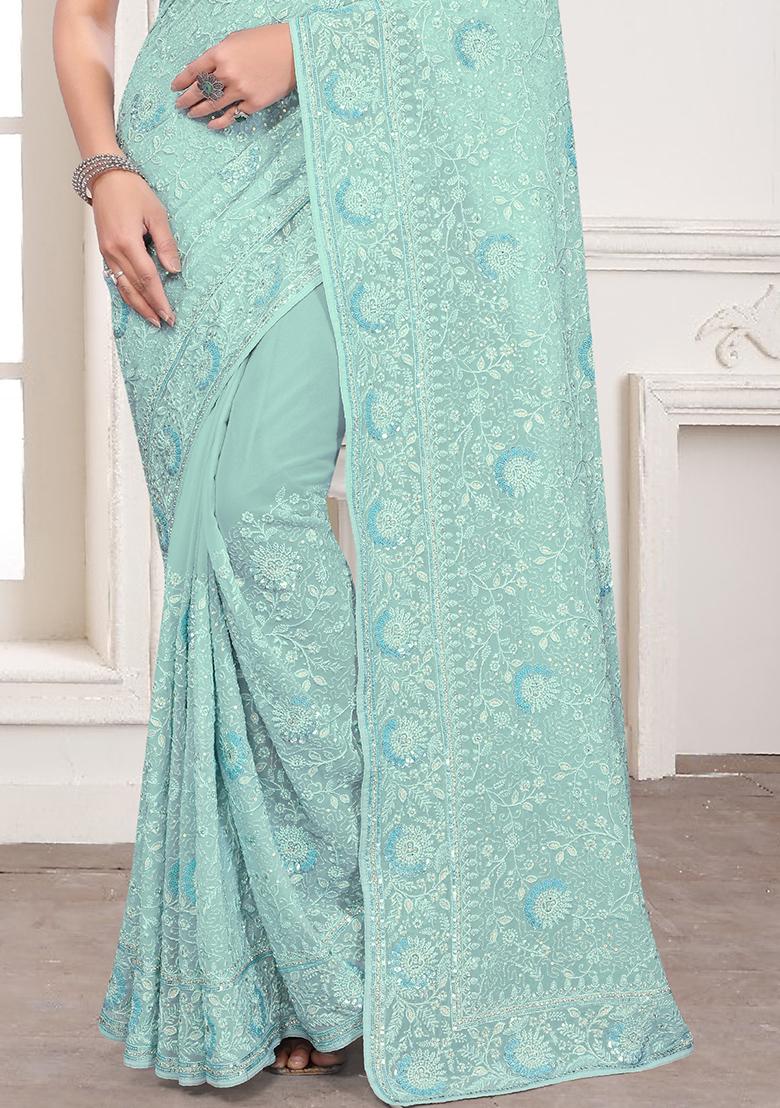 Sky Blue Embroidery Georgette Saree Set - Indya
