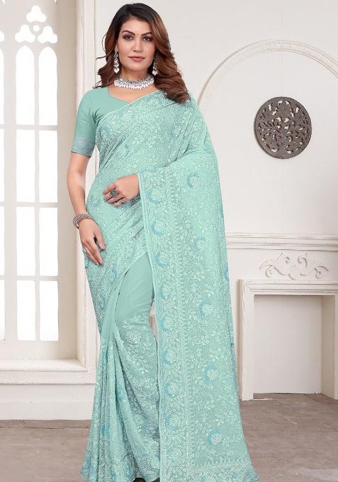 Sky Blue Embroidery Georgette Saree Set