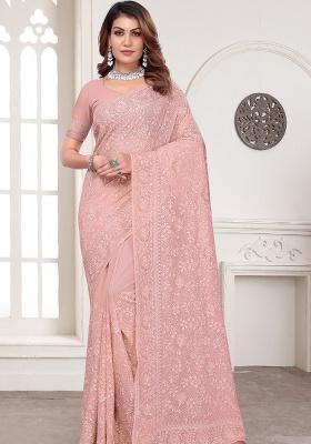 Peach Embroidery Georgette Saree Set