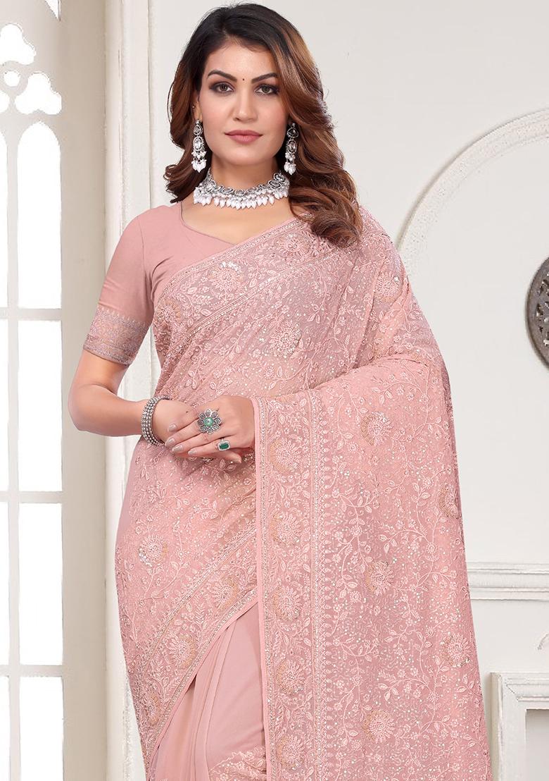 Peach Embroidery Georgette Saree Set - Indya