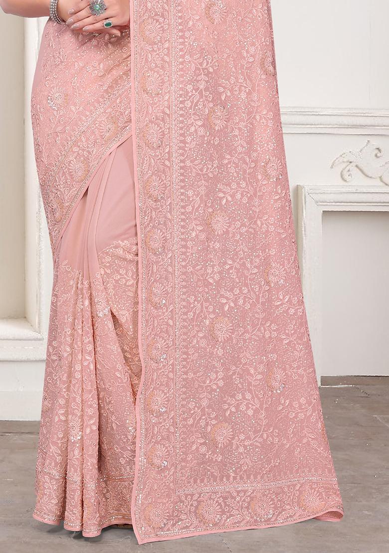 Peach Embroidery Georgette Saree Set - Indya