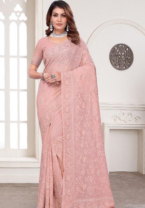 Peach Embroidery Georgette Saree Set
