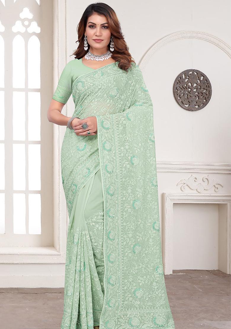 Green Embroidery Georgette Saree Set - Indya