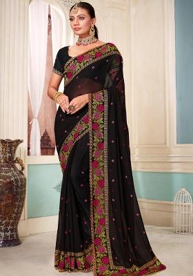 Black Embroidery Georgette Saree Set