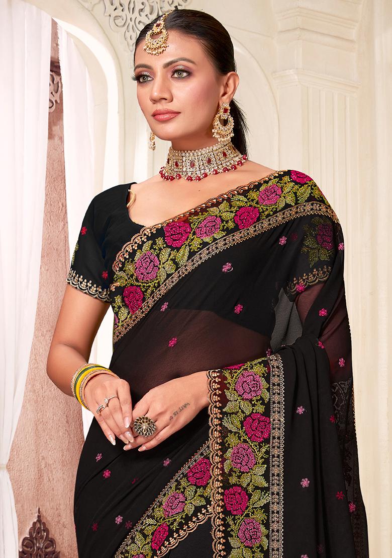 Black Embroidery Georgette Saree Set - Indya