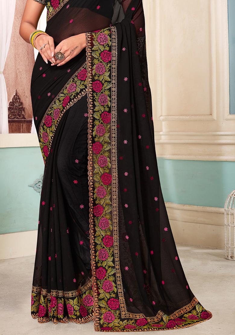 Black Embroidery Georgette Saree Set - Indya
