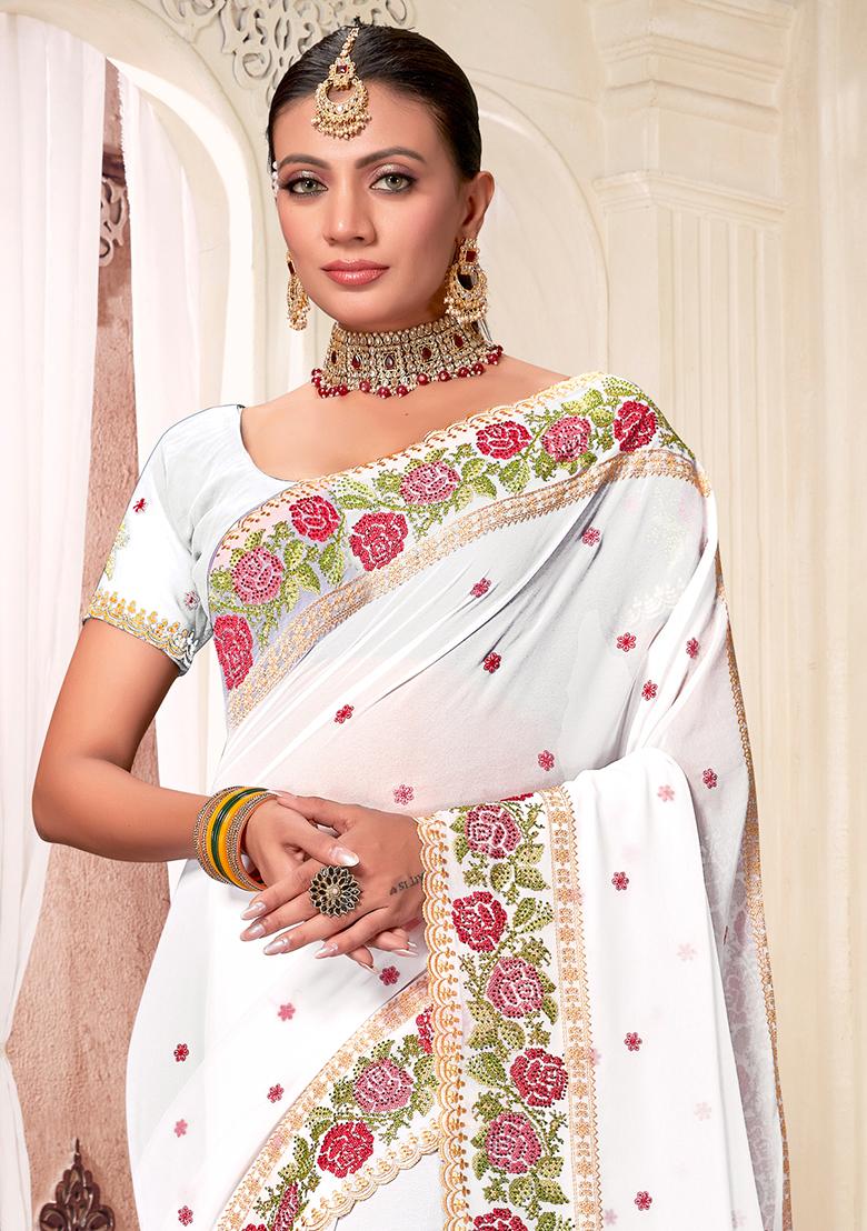 White Embroidery Georgette Saree Set - Indya