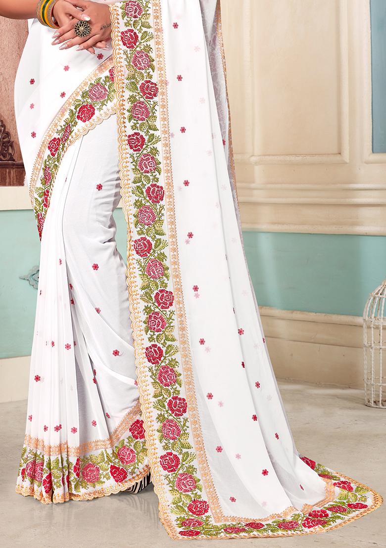 White Embroidery Georgette Saree Set - Indya