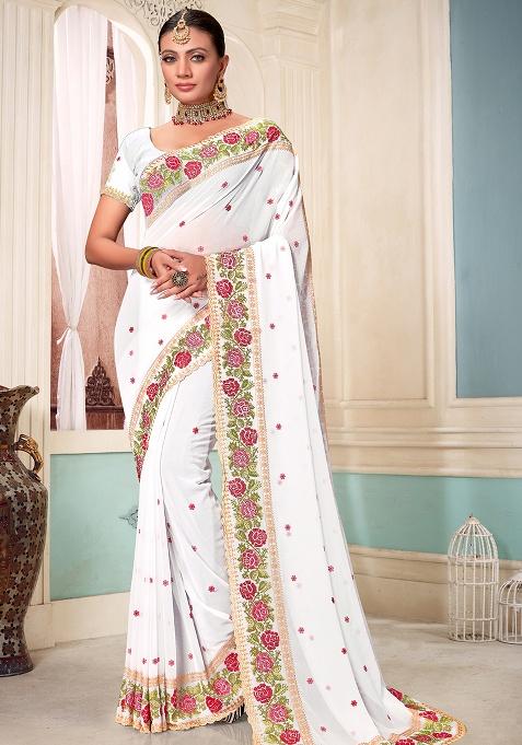 White Embroidery Georgette Saree Set