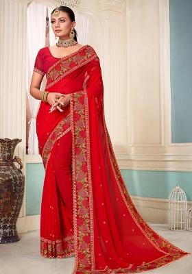 Red Embroidery Georgette Saree Set
