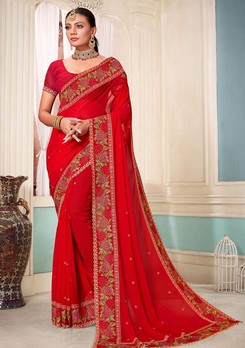 Red Georgette Saree Set with Embroidery for Diwali | Wedding & Festive Wear - Indya