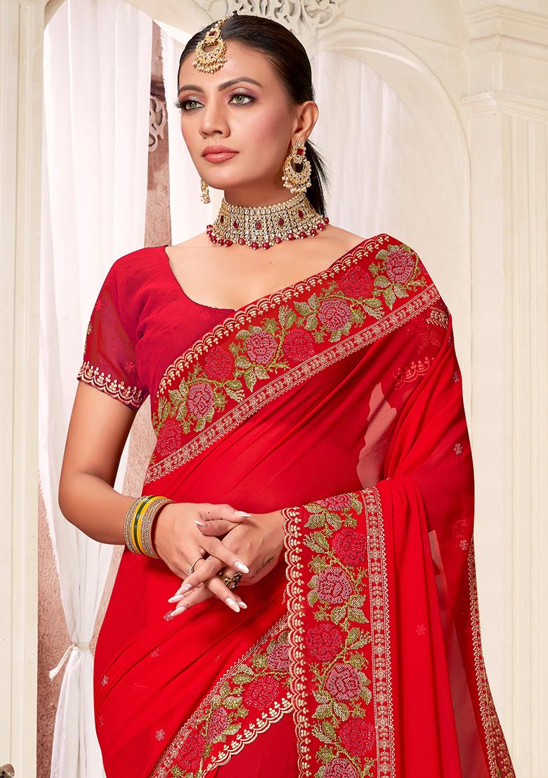Red Embroidery Georgette Saree Set - Indya