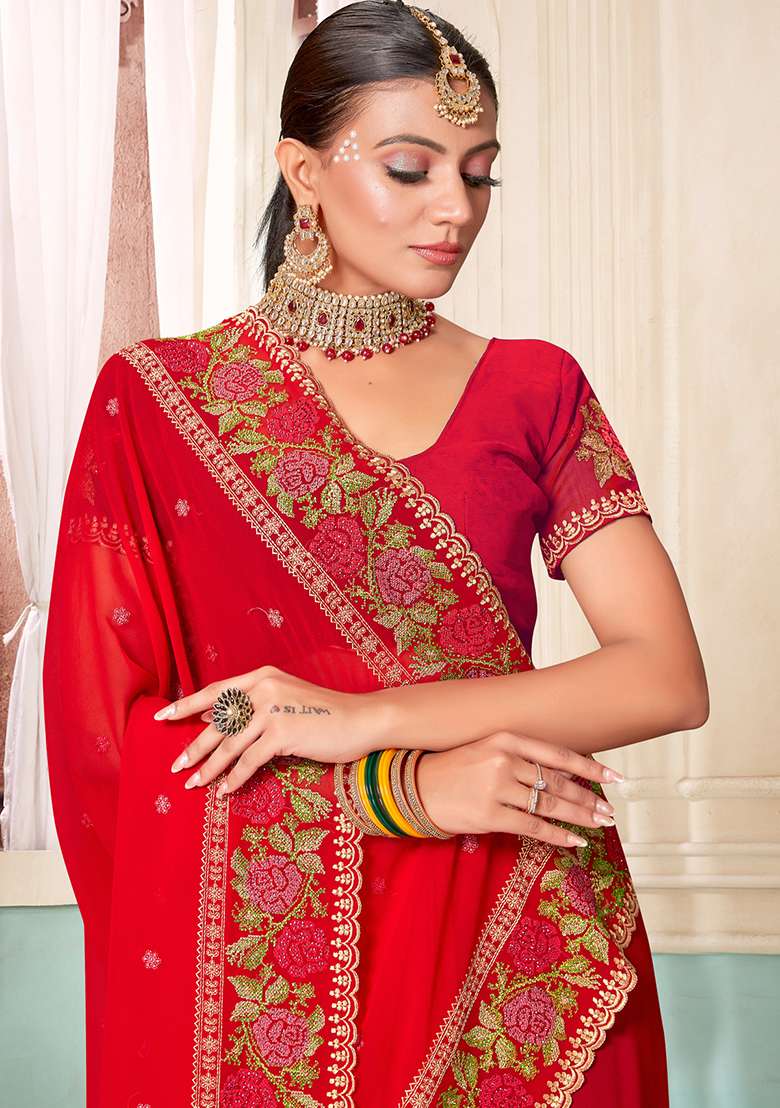 Red Georgette Saree Set with Embroidery for Diwali | Wedding & Festive Wear - Indya