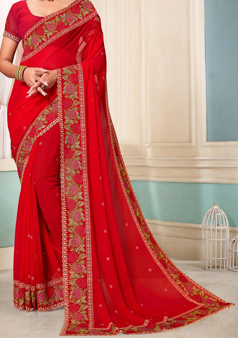 Red Embroidery Georgette Saree Set - Indya