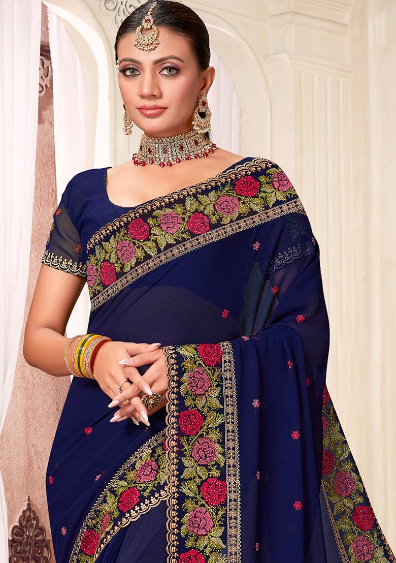 Navy Blue Embroidery Georgette Saree Set - Indya