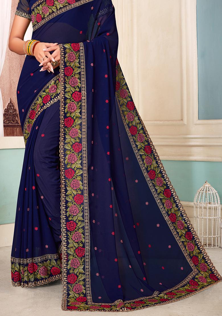 Navy Blue Embroidery Georgette Saree Set - Indya