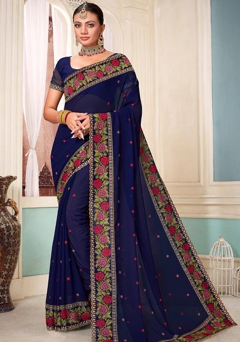 Navy Blue Embroidery Georgette Saree Set