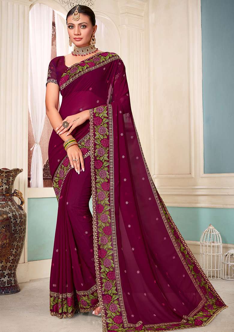 Wine Georgette Saree Set with Embroidery for Diwali | Wedding & Festive Wear - Indya