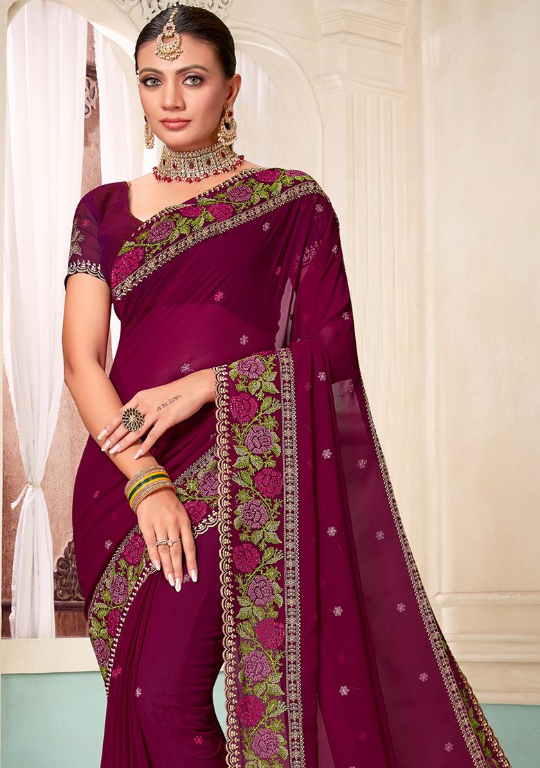 Wine Embroidery Georgette Saree Set - Indya