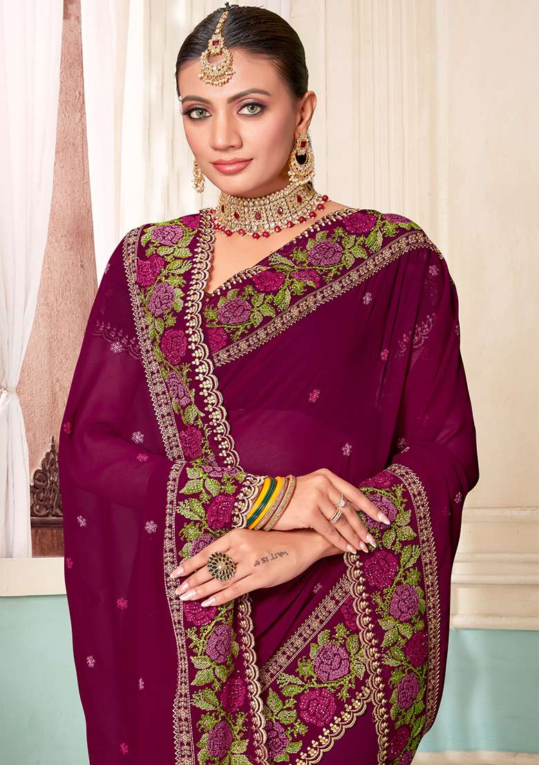 Wine Georgette Saree Set with Embroidery for Diwali | Wedding & Festive Wear - Indya