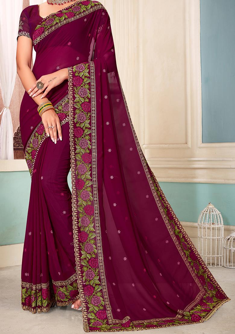 Wine Embroidery Georgette Saree Set - Indya